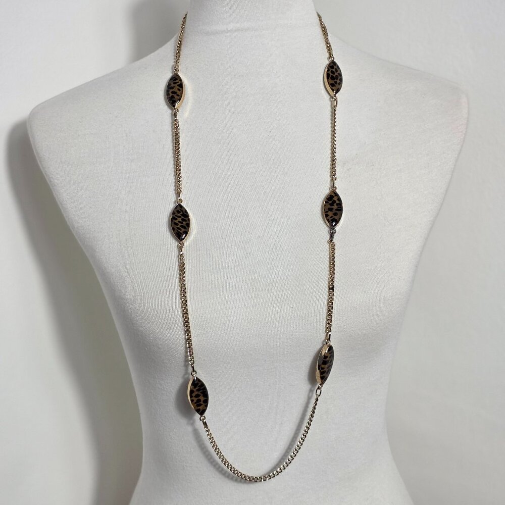 Chico's Long Gold Tone Animal Print Station Strand Statement Necklace